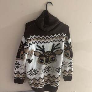 Happy Holidays Fair Isle Reindeer Turtleneck Sweater Brown White Knit